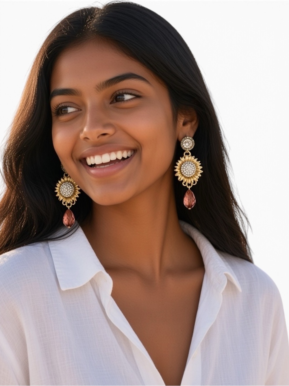 Sunflower Pavé Gold Tone Pink Drop Statement Earrings NWT